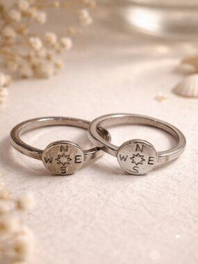 Set of two rustic distressed grunge metal heritage whimsigoth compass rings